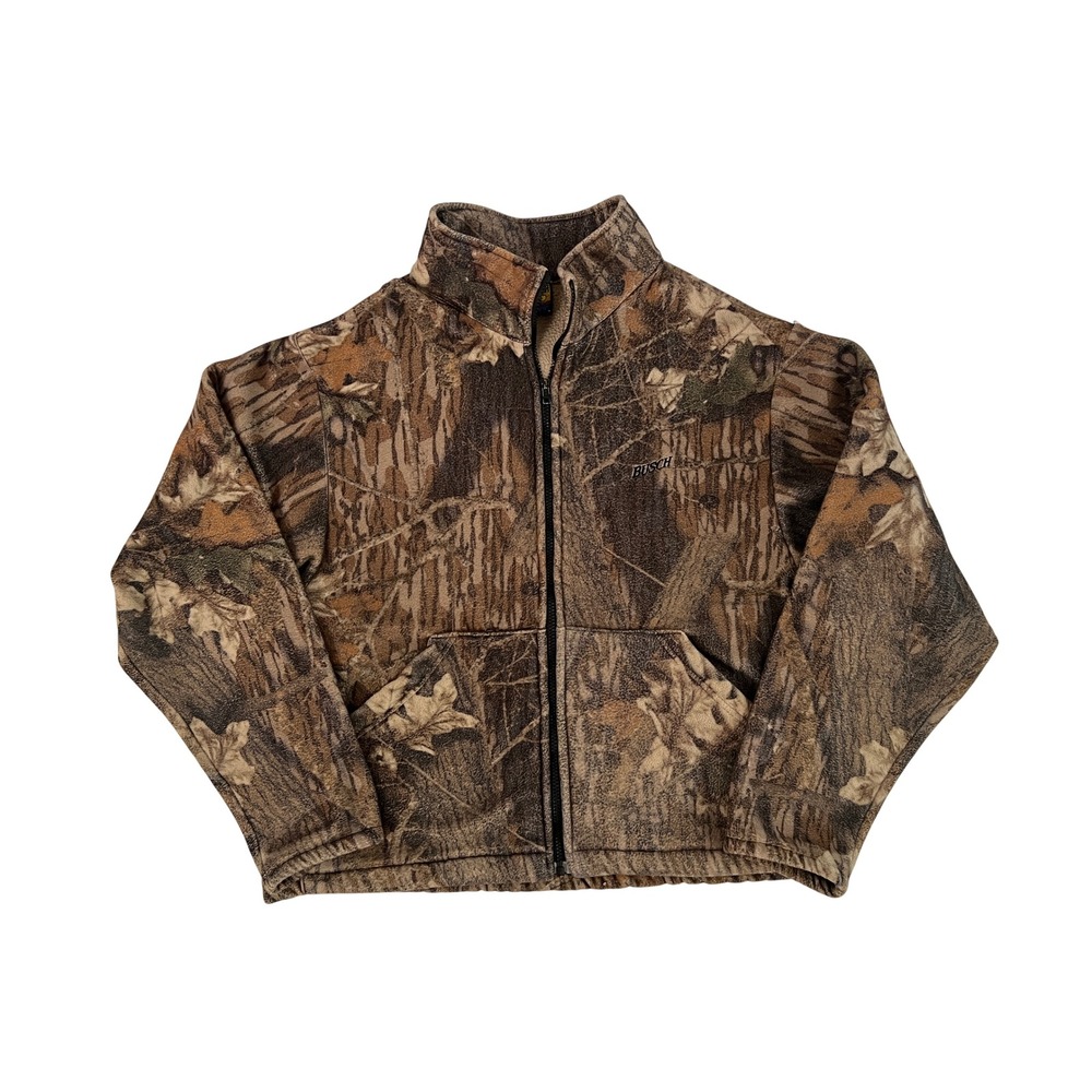 Sasquatch Busch Beer Mossy Oak Camo Fleece Jacket Mens Large Full Zip USA VTG